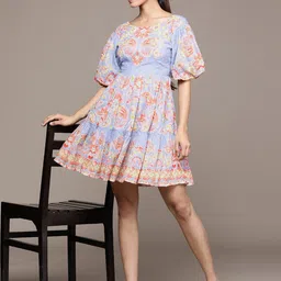 Label Ritu Kumar Ethnic Motifs Print Puff Sleeves Fit & Flare Dress-image-43