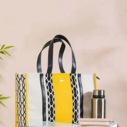 Nestasia Large Yellow & White Handcrafted Multipurpose Canvas Cotton Tote Bag (17 X 12 Inch)-picture-13