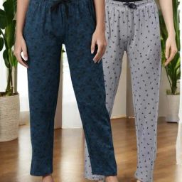 Kryptic Grey & Teal Cotton Relaxed Fit Printed Lounge Pants - Pack of 2-image-82