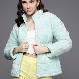 SASSAFRAS Women Turquoise Blue Elasticated Waistband Padded Fur Jacket-image-45