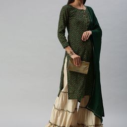 SheWill Women Green Bandhani Printed Regular Gotta Patti Kurta with Sharara & With Dupatta-9