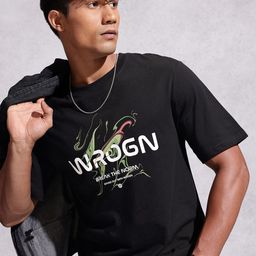 WROGN Brand Logo Printed Drop-Shoulder Sleeves Pure Cotton Comfort Fit T-shirt-image-15