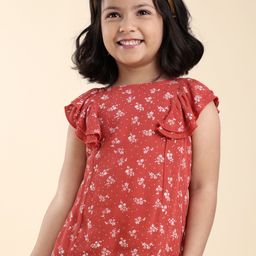 Babyhug Frill Sleeves Rayon Crinkle-Crepe Top With Floral Print And Ruffle Detailing- Deep Coral-image-46