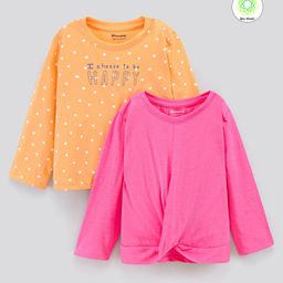 Honeyhap Premium 100% Cotton Full Sleeves Solid & Dots Printed Top Pack Of 2 - Orange & Pink-image-46