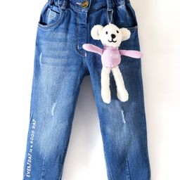 Little Kangaroos 100 % Cotton Full Length Washed Denim Jeans with Teddy - Light Blue-picture-13