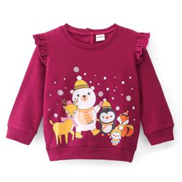 Babyhug 100% Cotton Knit Full Frill Sleeves Sweatshirt with Christmas Themed Graphics - Maroon-image-96