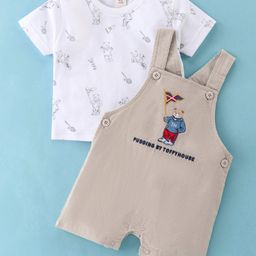 ToffyHouse Cotton Dungaree with Half Sleeves Inner Tee Teddy Print - Beige-picture-10