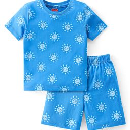 Babyhug Single Jersey Knit Half Sleeves Short Set Sun Print - Blue-image-21