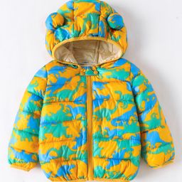 Kookie Kids Full Sleeves Front Open Padded Hooded Quilted Jacket With Dino Print & Ears Applique - Yellow-image-23