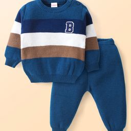Babyhug Knitted Full Sleeves Striped Pullover Sweater Set - Navy Blue-picture-37