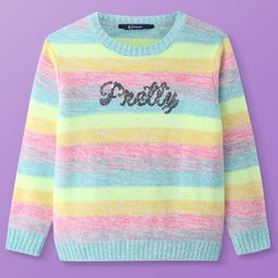 Pine Kids Knitted Full Sleeves Pullover Sweater with Striped Design & Sequined Text Detailing - Blue & Yellow-image-23