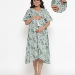 Ikk Kudi by Seerat Cotton Half Sleeves Floral Printed Dress With With Concealed Zipper Nursing Access - Green-image-26