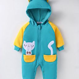 Kookie Kids Full Sleeves Winter Wear Romper With Kitty Patch & Ear Applique - Blue & Yellow-17