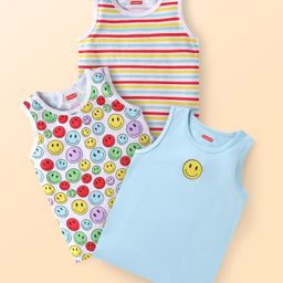 Babyhug Cotton Knit Sleeveless Sandos Pack of 3 with Stripe & Smiley Print Pack of 3 - Light Blue & White-image-58