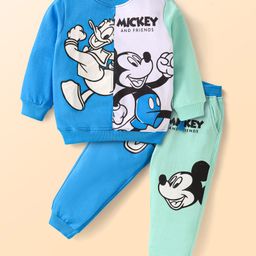 Babyhug Disney Cotton Knit Full Sleeves Cut & Sew T-Shirt & Lounge Pant Set with Mickey & Friends Graphics - Blue & Light Green-image-50