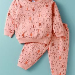 Tango Looper Knit Full Sleeves T-Shirt & Lounge Pant Set With Bear Print - Pink-image-29