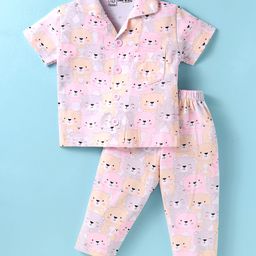 Little Darlings Sinker Knit Half Sleeves Front Open Bear Printed Night Suit - Pink-image-69