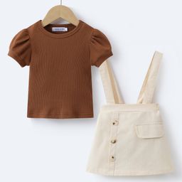 Mark & Mia Puffed Sleeves Top & Skirt Set - Brown-image-5