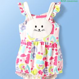 Babyoye 100% Cotton Knit Frill Sleeves Eco Jiva Finish Onesie with Floral Print & Animal Patch - White-image-17