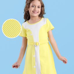 Hola Bonita Knit Half Sleeves Solid Colour Cut & Sew Twill Fabric Knee Length Dress - Yellow-picture-2