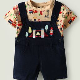ToffyHouse Cotton Knit Dungaree & Half Sleeves Inner Tee with London Theme Print & Embroidery - Navy Blue-picture-19