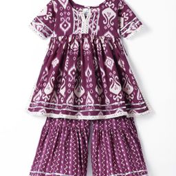 Teentaare Cotton Woven Half Sleeves Kurta & Gharara Set With Ikat Print & Lace Detailing - Purple-image-3