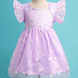 Saka Designs Satin Woven Frill Sleeves Party Dress With Glitter Star Print - Mauve-image-63