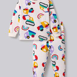 Bonfino 100% Cotton Knit Full Sleeves Co-ords Night Suit with Vehicle Print - White-image-67