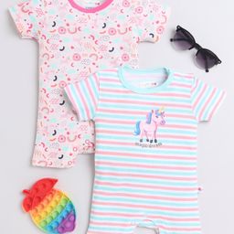 BUMZEE Interlock Knit Half Sleeves Romper with Stripes & Unicorn Print Pack Of 2 - Pink & Light Blue-picture-22
