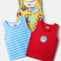 Babyhug 100% Cotton Single Jersey Knit Sleeveless Vests With Stripes & Animal Print Pack Of 3 - Red Light Blue & Yellow-image-100