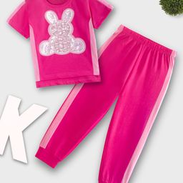 Tiara Cotton Jersey Half Sleeves Teddy Bear Shaped Sequins & Beads Embellished Side Taped Top & Joggers Set - Pink-image-36