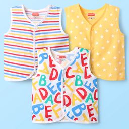 Babyhug 100% Cotton Knit Sleeveless Striped & Printed Jhablas Pack of 3 - White & Yellow-image-70