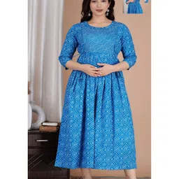NEVISHA STYLE Cotton Woven Three Fourth Sleeves Bandhani Designed Maternity Kurta With Side Zipper Nursing Access - Blue-picture-1