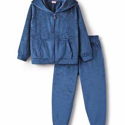 Babyhug Velour Woven Full Sleeves Shimmered Hooded Sweatshirt & Jogger Set with Kangaroo Pocket - Navy Blue-image-91