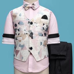 Rikidoos Full Sleeves Abstract Printed 3 Piece Party Suit Set With Bow - Light Pink & Dark Grey-image-57
