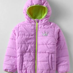 Babyhug Woven Full Sleeves Hooded Padded Jacket With Crown Patch - Purple-image-36