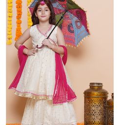 Bitiya By Bhama Silk Woven Sleeveless Abstract Foil Printed Kurta & Sharara With Dupatta Set - Off White-image-85