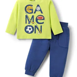 Doodle Poodle 100% Cotton Knit Full Sleeves T-Shirt & Lounge Pant Set with Text Print - Limegereen-picture-44