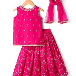Babyhug Net Woven Sleeveless Choli Lehenga Set with Dupatta Sequin Embroidered Mirror Work - Fuchsia-picture-43