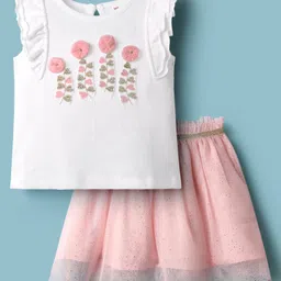 Babyhug Single Jersey Knit Frill Sleeves Top & Skirt Set with Floral Applique & Heart Embroidery - Pink & White-picture-25