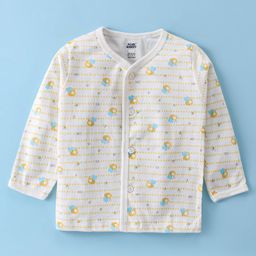 Pink Rabbit Sinker Knit Full Sleeves Front Open Vests Teddy Bear Print - Pink & Lemon Yellow image 4