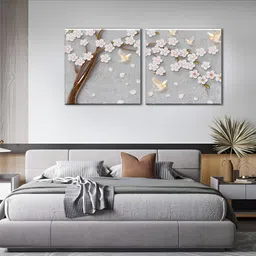 OLIVE TREE Grey & Brown 2 Pieces Floral Wooden & Canvas Wall Arts-20