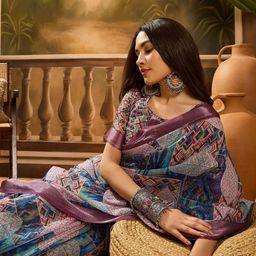 HERE&NOW Geometric Printed Linen Cotton Saree-image-56