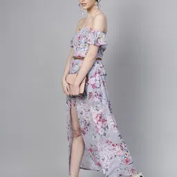 SASSAFRAS Grey Floral Printed High-Slit Maxi Dress-image-70