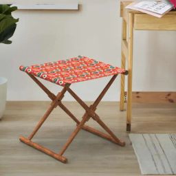 Chumbak Bistro Ikat Red Sheesham Wood Folding Ottoman-53