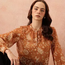 all about you Floral Print Mandarin Collar Chiffon Top-image-32