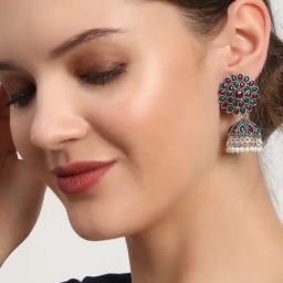 Aatmana Ruby & Green Gold-toned Dome Shaped Pearl Multi Jhumki Earrings for Women-16