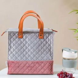 Nestasia Grey & Pink Quilted Luxe Velvet Waterproof And Multipurpose Lunch Bag | Ideal For Gifting-18