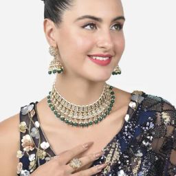 Zaveri Pearls Green Beads Bridal Kundan Necklace Earring Ring & Maangtikka Set-ZPFK15200-14