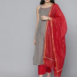Kvsfab Women Grey Regular Chanderi Silk Kurta with Trousers & With Dupatta-image-12